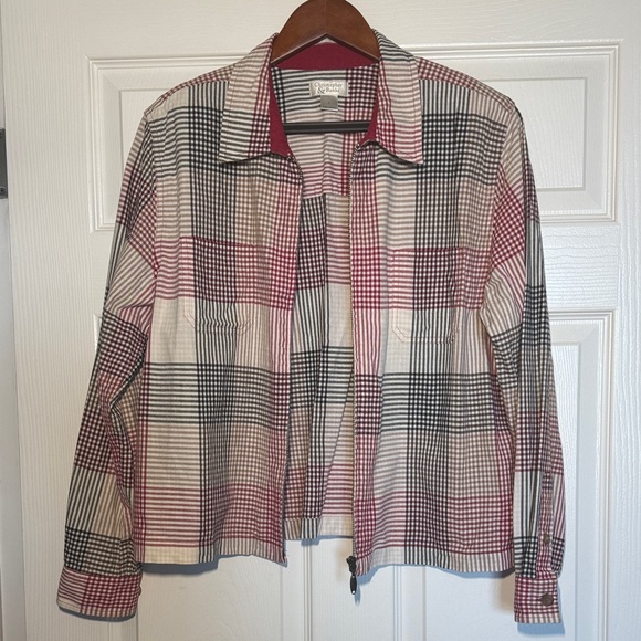 Red, Black and White Plaid Zip Up Collard Cottagecore 100% Cotton Jacket - Picture 6 of 14